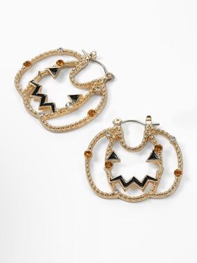 Gold Tone Rhinestone Pumpkin Jack-O'-Lantern Hoop Earrings - Hypoallergenic